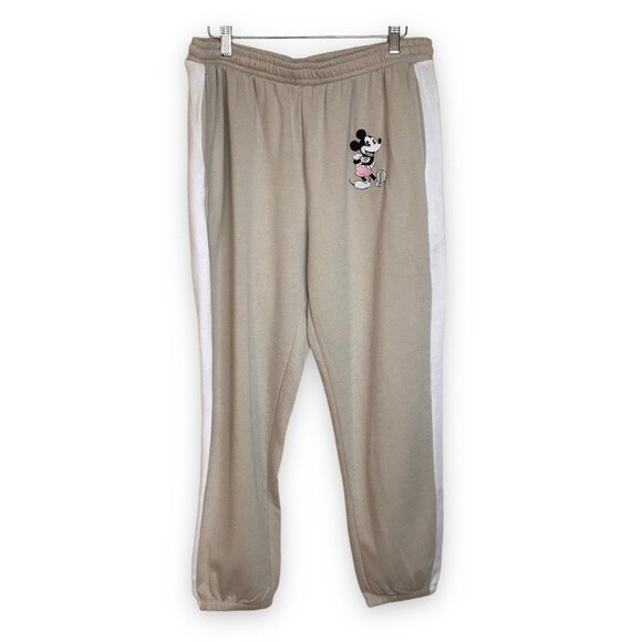 Disney Mickey Mouse Sweatpants Beige White Tuxedo Stripe Embroidered Pockets XL - Picture 1 of 12